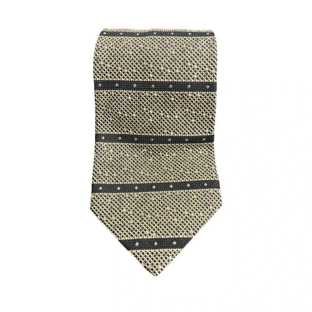 Balenciaga Paris Mens Silk Tie Tan Black Geometric Striped Woven Necktie Italy